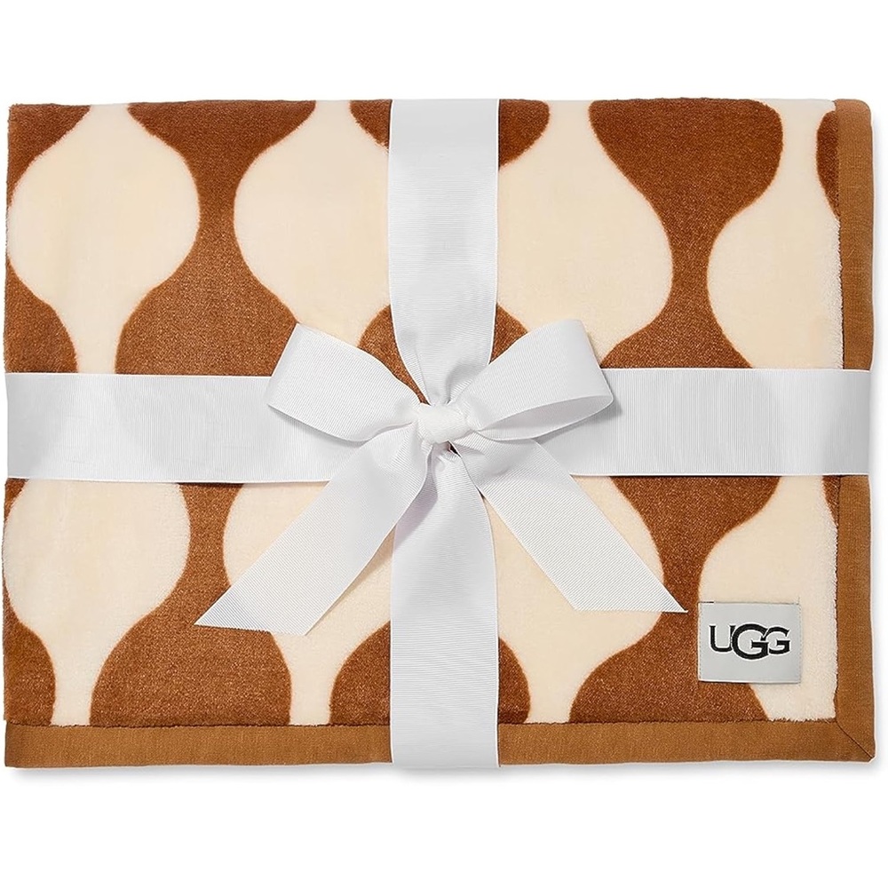 🆕 UGG Duffield Throw Cream & Camel Modern Print Blanket Faux Fur 50” x 70” NWT
